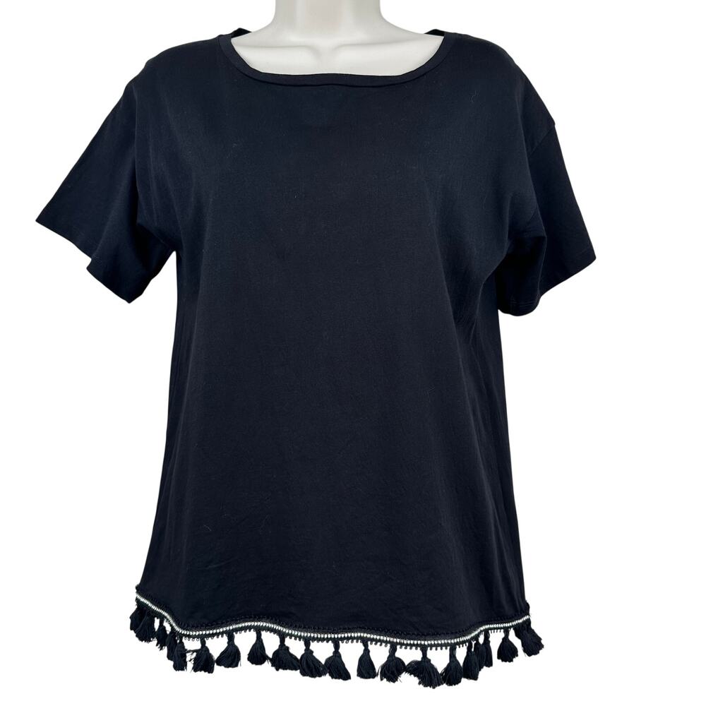 EMME Marella Knit Blouse Top Cotton Tassles Rhinestones Black Med Quiet Luxury